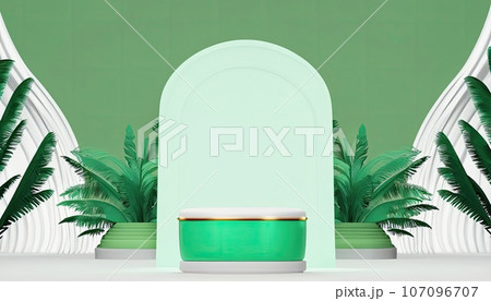 Green podium in modern tropical background for product placement 3d render. AI Generative 107096707