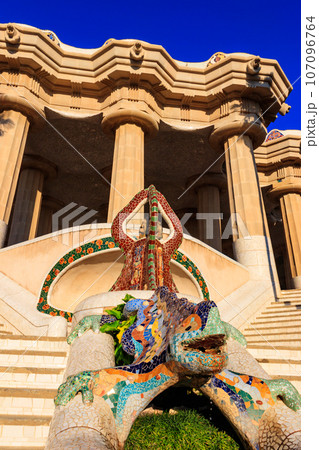 Multicolored mosaic dragon salamander of Gaudi in Park Guell, Barcelona, Spain Multicolored mosaic dragon salamander of Gaudi in Park Guell, Barcelona, Spain 107096764