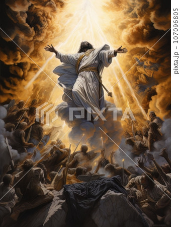 Biblical oil painting of the ascension of African Jesus Christ over the believers AI Biblical oil painting of the ascension of African Jesus Christ over the believers AI 107096805
