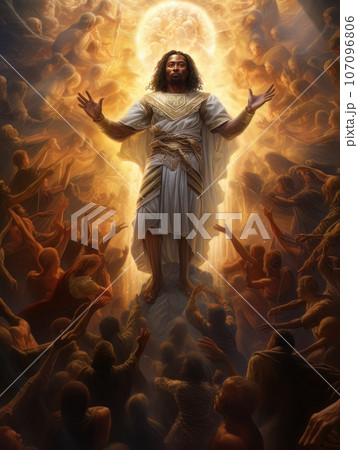 Biblical oil painting of the ascension of African Jesus Christ over the believers AI 107096806