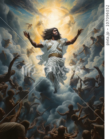 Biblical oil painting of the ascension of African Jesus Christ over the believers AI 107096852
