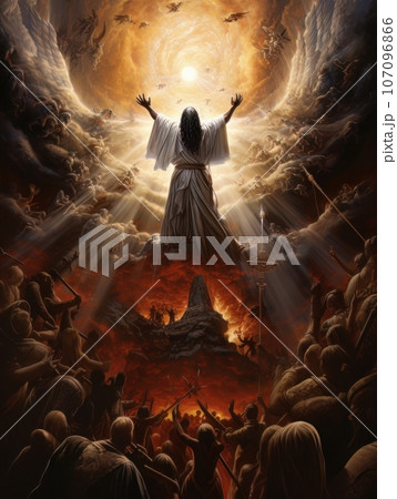 Biblical oil painting of the ascension of African Jesus Christ over the believers AI Biblical oil painting of the ascension of African Jesus Christ over the believers AI 107096866