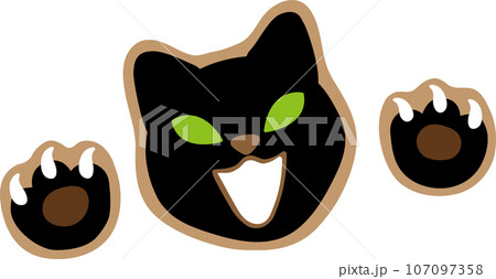 ハロウィン 手を上げて威嚇する黒猫のおしゃれでかわいいアイシングクッキーのベクターイラスト 107097358