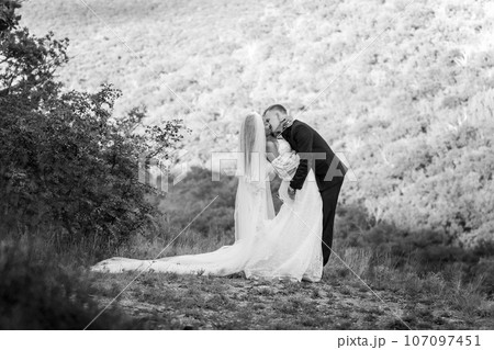 Full-length portrait of the newlyweds against the backdrop of brightly lit foliage, the newlyweds passionately embrace, black and white version Full-length portrait of the newlyweds against the backdrop of brightly lit foliage, the newlyweds passionately embrace, black and white version 107097451