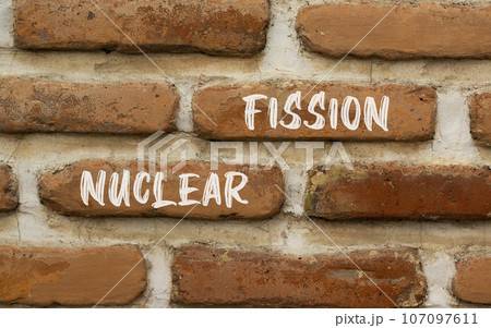 Nuclear fission symbol. Concept words Nuclear fission on beautiful brick wall. Beautiful red brown brick wall background. Business science nuclear fission concept. Copy space. Nuclear fission symbol. Concept words Nuclear fission on beautiful brick wall. Beautiful red brown brick wall background. Business science nuclear fission concept. Copy space. 107097611