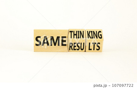Same thinking and result symbol. Concept words Same thinking same results on wooden cubes. Beautiful white background. Businessman hand. Business same thinking and result concept. Copy space. 107097722