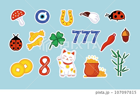 Good Luck Stickers Set. Asian and European talismans and amulets colorful vector illustration. Symbols of success and prosperity. Charms elements for scrapbooking, web, apps 107097815