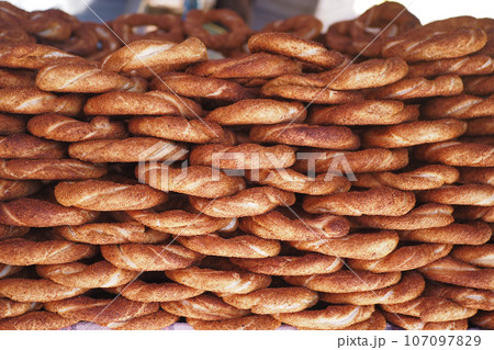 Turkish Bagel Simit selling at taqsim square in a van Turkish Bagel Simit selling at taqsim square in a van 107097829