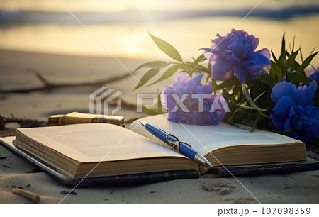 Notebook, sunset and pink peonies, romantic greeting card Notebook, sunset and pink peonies, romantic greeting card 107098359