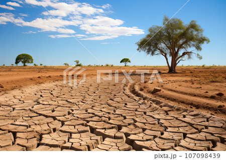 Dry river bed among parched terrain. Effects of climate change, desertification and droughts 107098439