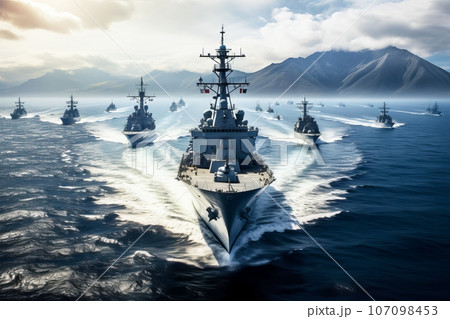 Modern military naval warships in open sea. Military naval exercises 107098453