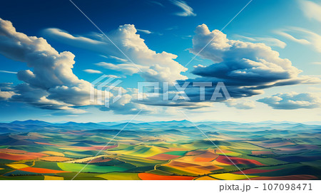 Beautiful aerial View of colorful fields landscape in morning mist with sun rays 107098471