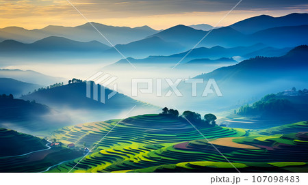 Beautiful aerial View of hilly landscape in morning mist with sun rays Beautiful aerial View of hilly landscape in morning mist with sun rays 107098483