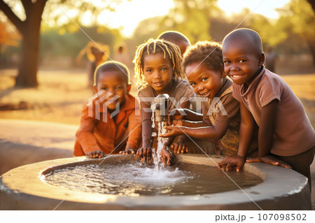 African children enjoy clean water and stretches out his hands to tank with fountain of clean water. 107098502