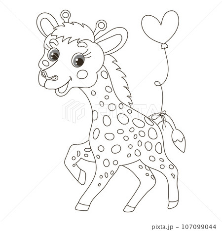 Cute cartoon little baby giraffe character with a balloon on his tail. Sketch, outline drawing for a coloring book. Vector 107099044