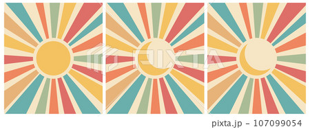Set of vintage solar tapestry in boho style. Retro rainbow sunrise with moon. Minimal geometric abstract art. Hippie bohemian decor. Vector background 107099054