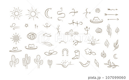 Vector set with wild west hand drawn elements. Western cactus, cowbot hat, boot, desert animals, plants, arrows. 107099060