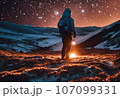 Astronaut on an icy rocky surface with the sky filled with stars and galaxies, AI-generated 107099331