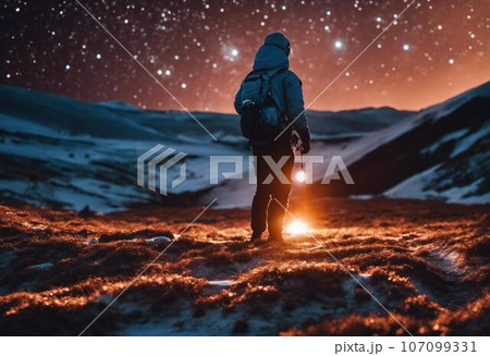 Astronaut on an icy rocky surface with the sky filled with stars and galaxies, AI-generated 107099331