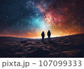 Astronaut on an icy rocky surface with the sky filled with stars and galaxies, AI-generated 107099333