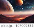 Night sky featuring several planets glowing against a backdrop of stars and the sun, AI-generated. 107099335