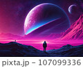 Astronaut on an icy rocky surface with the sky filled with stars and galaxies, AI-generated 107099336
