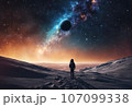 Astronaut on an icy rocky surface with the sky filled with stars and galaxies, AI-generated 107099338