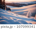 Picturesque view of a snow-covered mountain range illuminated by a vibrant sunset, AI-generated. 107099341