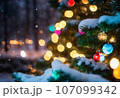 Decorated Christmas tree stands against a snowy backdrop, AI-generated. 107099342