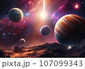 Night sky featuring several planets glowing against a backdrop of stars and the sun, AI-generated. 107099343