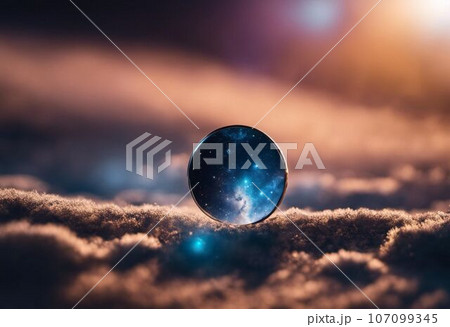 Round sphere perched atop a snow-covered landscape in the dark of night, AI-generated. 107099345