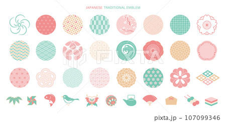 日本の伝統的な文様装飾とアイコンのセット 107099346