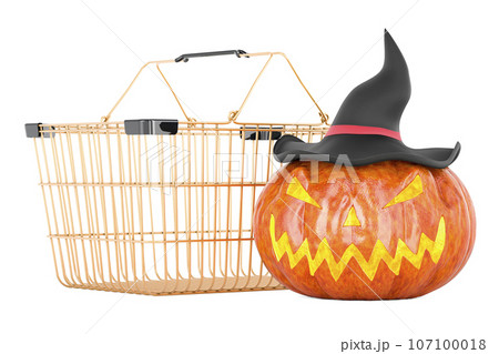 Pumpkin with shopping basket. Halloween Sale concept, 3D rendering isolated on white background 107100018
