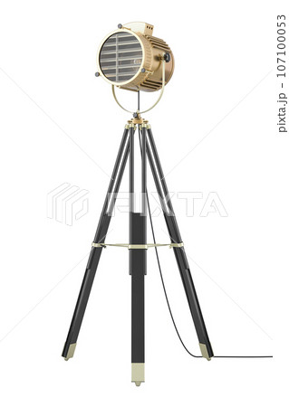 Retro spotlight on tripod, 3D rendering Retro spotlight on tripod, 3D rendering 107100053