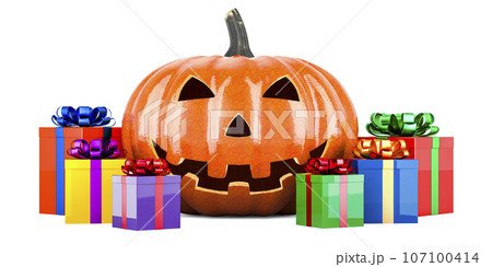 Halloween Pumpkin with colored gift boxes, 3D rendering Halloween Pumpkin with colored gift boxes, 3D rendering 107100414