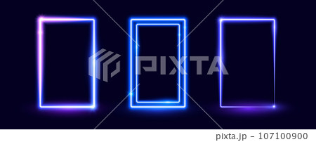 Neon glowing rectangular door set. Blue purple shining rectangle border. Electric light frame collection. Illuminated wide violet design element for banner, poster, collage, cover. Vector illustration Neon glowing rectangular door set. Blue purple shining rectangle border. Electric light frame collection. Illuminated wide violet design element for banner, poster, collage, cover. Vector illustration 107100900