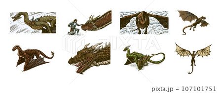 Set of Dragon in Vintage style. Mythological animal or traditional reptile. Symbol for tattoo or Set of Dragon in Vintage style. Mythological animal or traditional reptile. Symbol for tattoo or 107101751