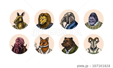 Grizzly Bear, Octopus, t-rex dinosaur, Elephant, Indian cobra snake, Fox with a smoking pipe, lion Grizzly Bear, Octopus, t-rex dinosaur, Elephant, Indian cobra snake, Fox with a smoking pipe, lion 107101828