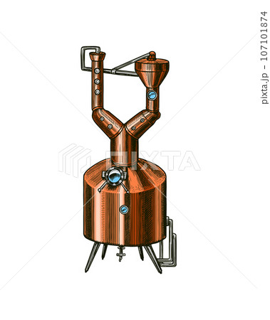 Pot Swan necked copper stills distillery for making alcohol. Bottle of Absinthe. Label for retro Pot Swan necked copper stills distillery for making alcohol. Bottle of Absinthe. Label for retro 107101874