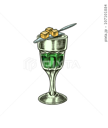 Glass shot of Absinthe. Glass with green drink. Label for retro poster. Engraved hand drawn vintage 107101884