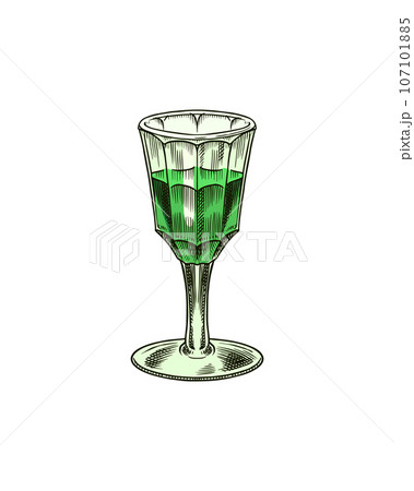 Glass shot of Absinthe. Glass with green drink. Label for retro poster. Engraved hand drawn vintage 107101885