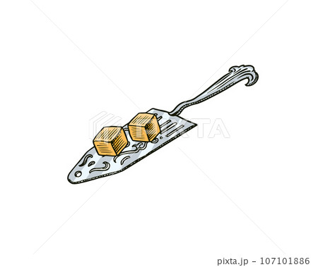 Spoon with cane sugar cubes for absinthe or tea. Label for retro poster. Engraved hand drawn vintage Spoon with cane sugar cubes for absinthe or tea. Label for retro poster. Engraved hand drawn vintage 107101886