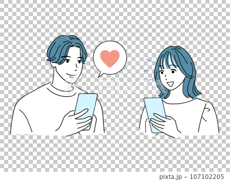 スマホでマッチングする男女 スマホでマッチングする男女 107102205
