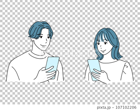 スマホで連絡を取り合う男女 スマホで連絡を取り合う男女 107102206