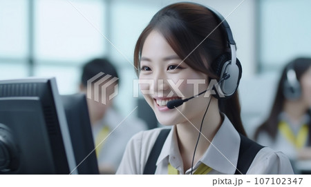 コールセンターで働くオペレーターの若い女性 コールセンターで働くオペレーターの若い女性 107102347