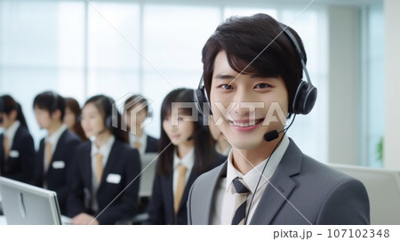 インカムで話すオペレーターの若い男性 インカムで話すオペレーターの若い男性 107102348