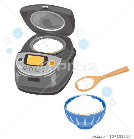 炊飯器と白米ご飯を盛ったお茶碗 107103210