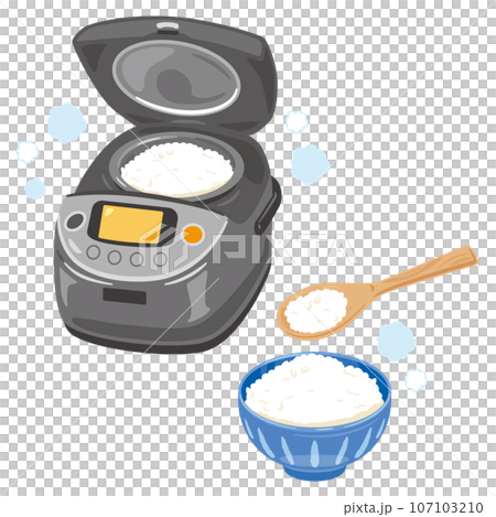 炊飯器と白米ご飯を盛ったお茶碗 107103210
