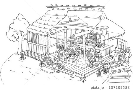 空き家の古民家を多世代が集うコミュニティカフェにリノベーションしたイメージイラスト線画） 107103588