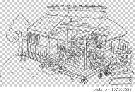 空き家の古民家を多世代が集うコミュニティカフェにリノベーションしたイメージイラスト線画） 107103588